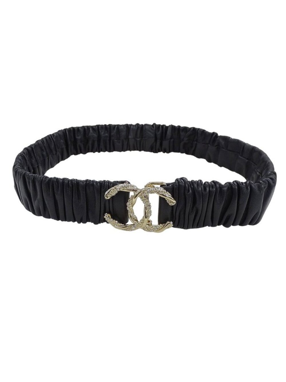 Chanel Belt Gathered Metal Lambskin Rhinestone Black Champagne Gold 70/28 CC